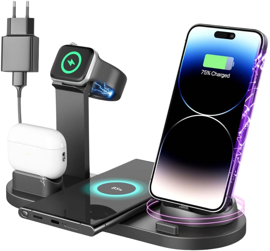 6 in 1 Wireless Fast Charger, (Black). Charging Station for iPhones, Smart Phones, Airpods and Smart Watches with Wireless Charging Capabilities and USB, Lightning, and Type-C Connectivity.