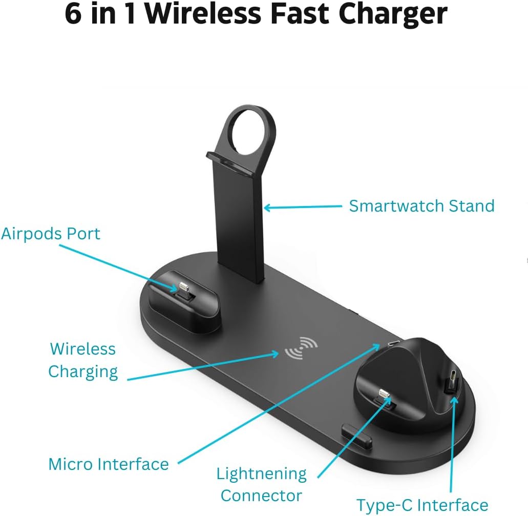 6 in 1 Wireless Fast Charger, (Black). Charging Station for iPhones, Smart Phones, Airpods and Smart Watches with Wireless Charging Capabilities and USB, Lightning, and Type-C Connectivity.