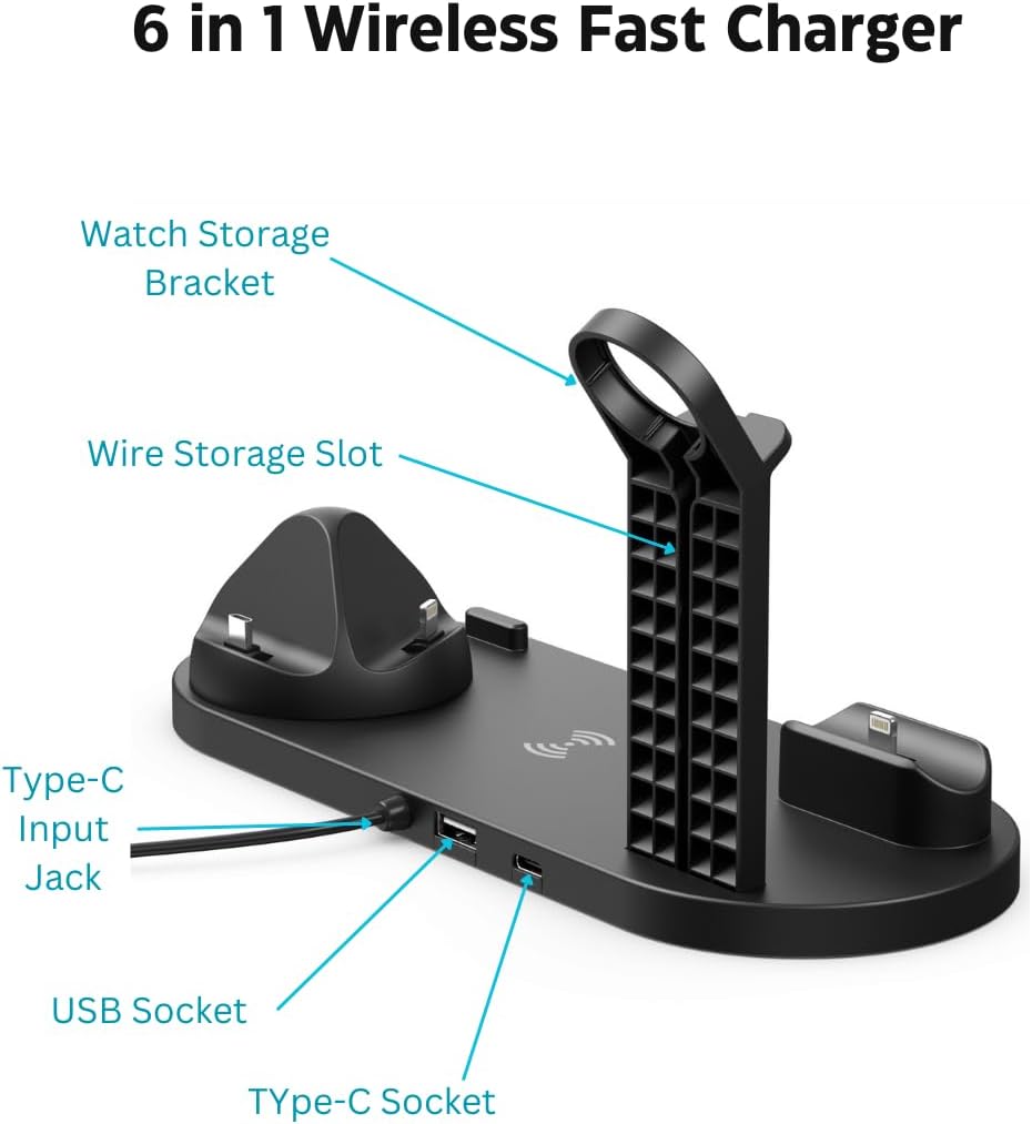 6 in 1 Wireless Fast Charger, (Black). Charging Station for iPhones, Smart Phones, Airpods and Smart Watches with Wireless Charging Capabilities and USB, Lightning, and Type-C Connectivity.