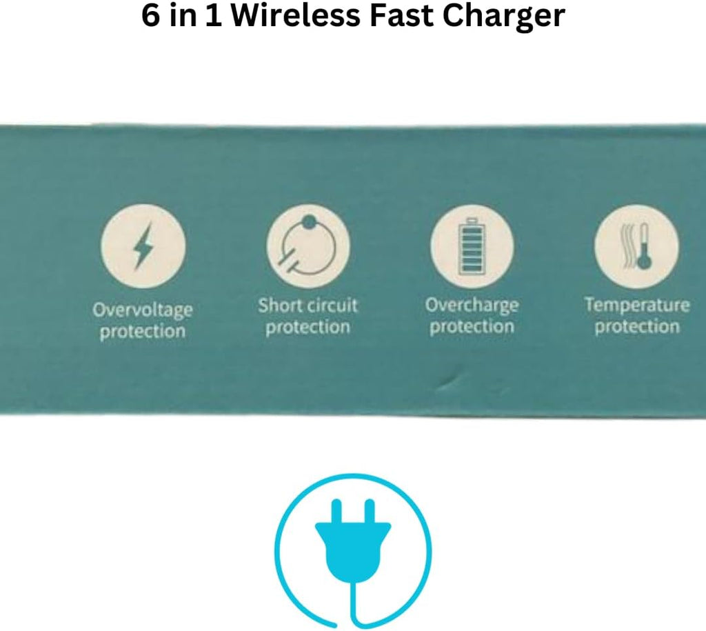 6 in 1 Wireless Fast Charger, (Black). Charging Station for iPhones, Smart Phones, Airpods and Smart Watches with Wireless Charging Capabilities and USB, Lightning, and Type-C Connectivity.