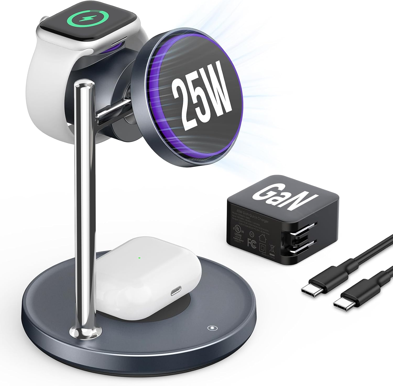 SODI Qi2 25W Wireless Charger, 3 in 1 Charging Station with Cooling Fan, Magnetic Qi2.2 Wireless Charger Stand, Compatible with iPhone 17/16/15/14/13/12, Apple Watch, AirPods (GaN Adapter Included)