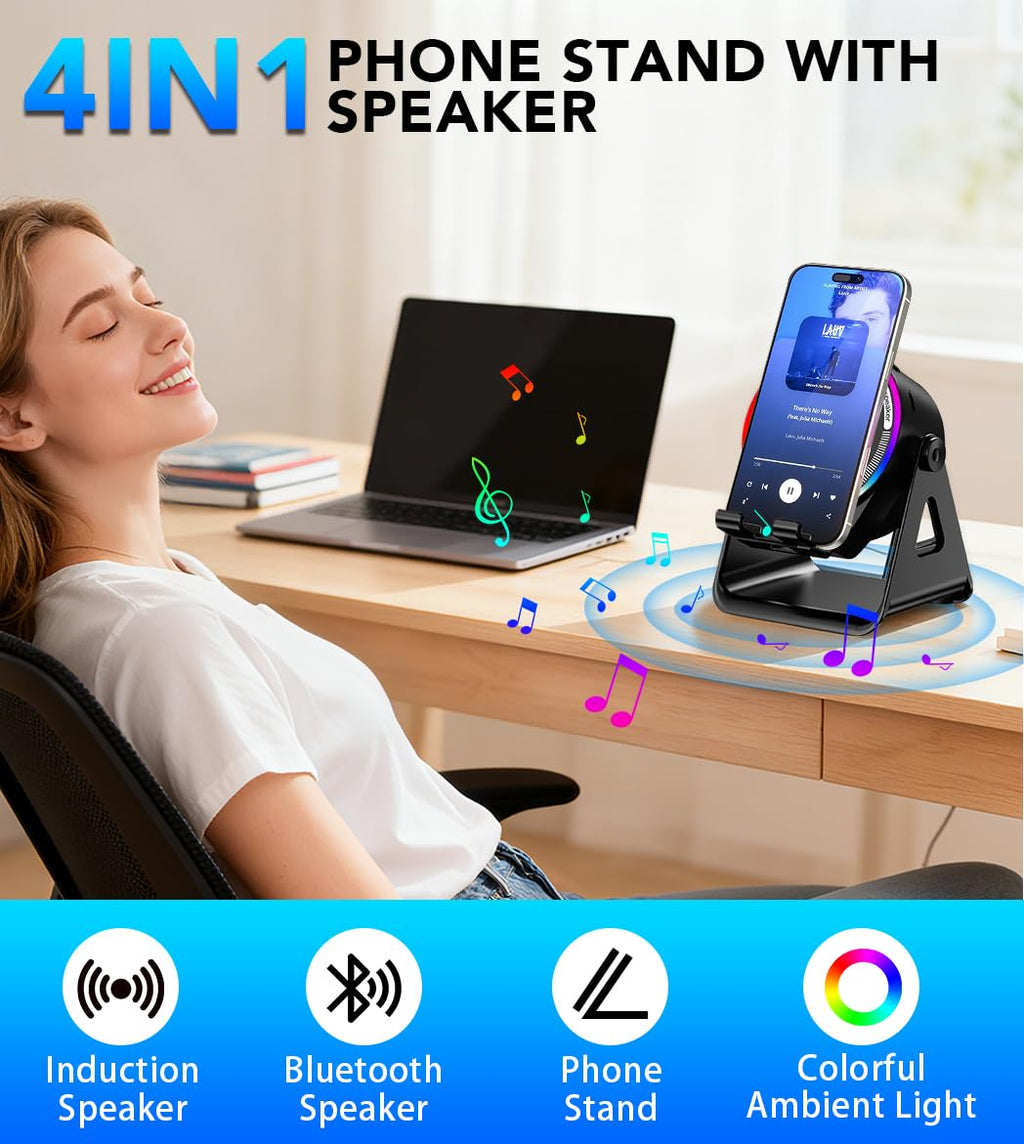 Bluetooth Speaker, 4-in-1 Wireless Induction Speaker & RGB Light Stand Multi-Functional Phone Stand Instant-Connect Stereo Sound, 360° Adjustable Holder for iPhone/Android/iPad/Samsung (Black)