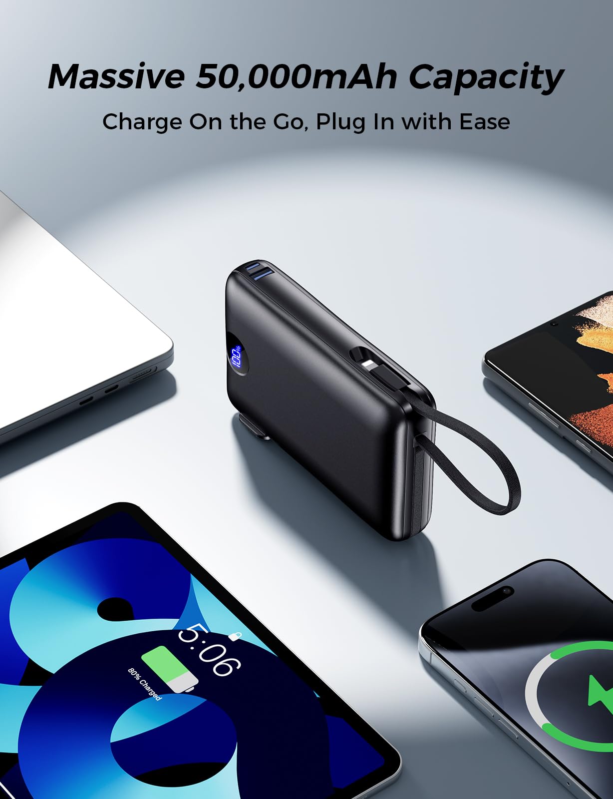 Portable Charger 50000mAh with Built-in Cables and AC Wall Plug, 22.5W Fast Charging Power Bank with LED Display for iPhone 17/16, Samsung, Android Devices, Camping, Road Trips and Travel, Black