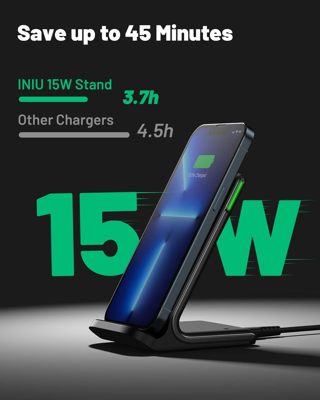 INIU Wireless Charger, 15W Fast Wireless Charging Station with Sleep-Friendly Adaptive Light Compatible with iPhone 17 16 15 14 13 12 Pro Max Samsung Galaxy S25 S24 S23 Note 20 Google etc