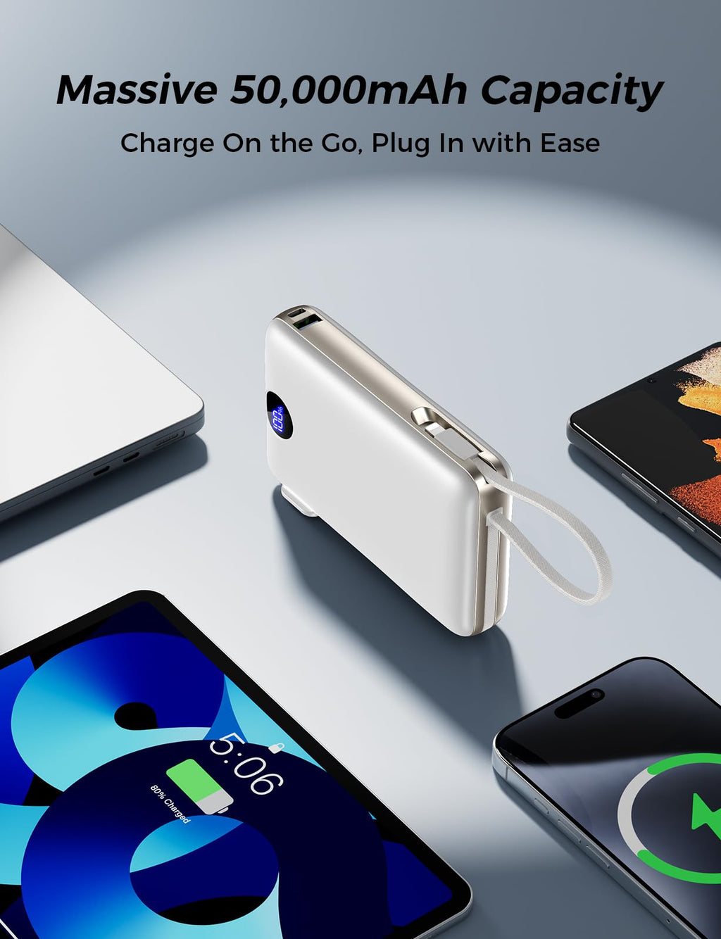 Portable Charger 50000mAh with Built-in Cables and AC Wall Plug, 22.5W Fast Charging Power Bank with LED Display for iPhone 17/16, Samsung, Android Devices, Camping, Road Trips and Travel, Black