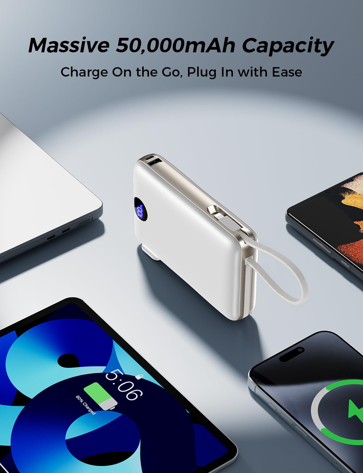 Portable Charger 50000mAh with Built-in Cables and AC Wall Plug, 22.5W Fast Charging Power Bank with LED Display for iPhone 17/16, Samsung, Android Devices, Camping, Road Trips and Travel, Black