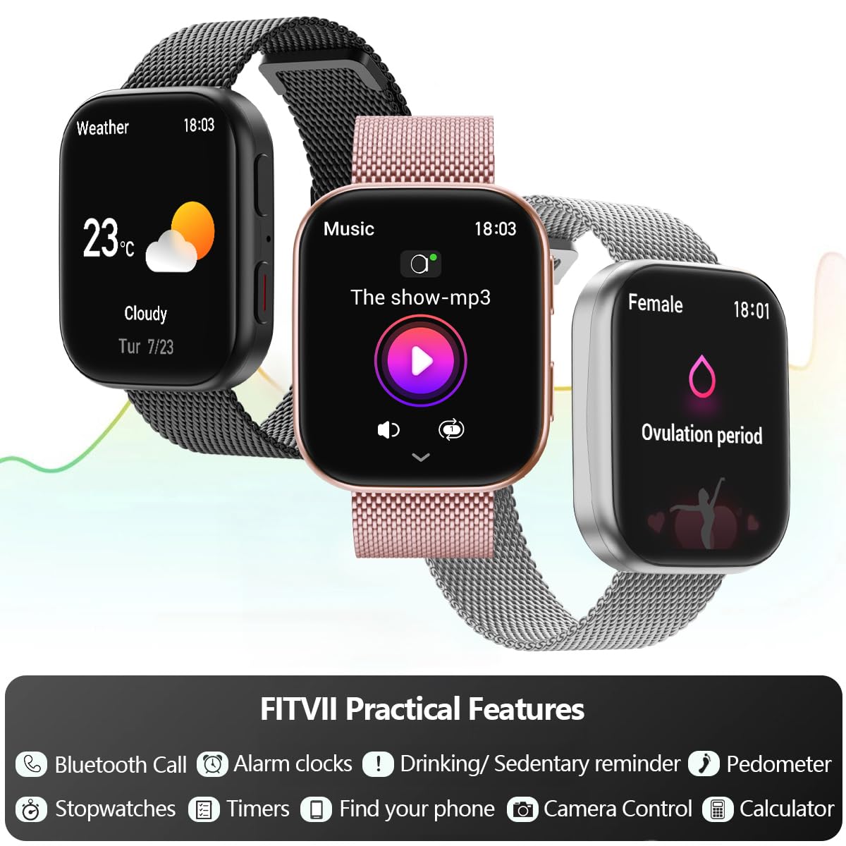 FITVII Health & Fitness Tracker (Answer/Make Calls), Smart Watch with 24/7 Heart Rate and Blood Pressure, Sleep Tracking, Blood Oxygen Monitor, 120+ Sport Modes Activity Tracker for Women Men