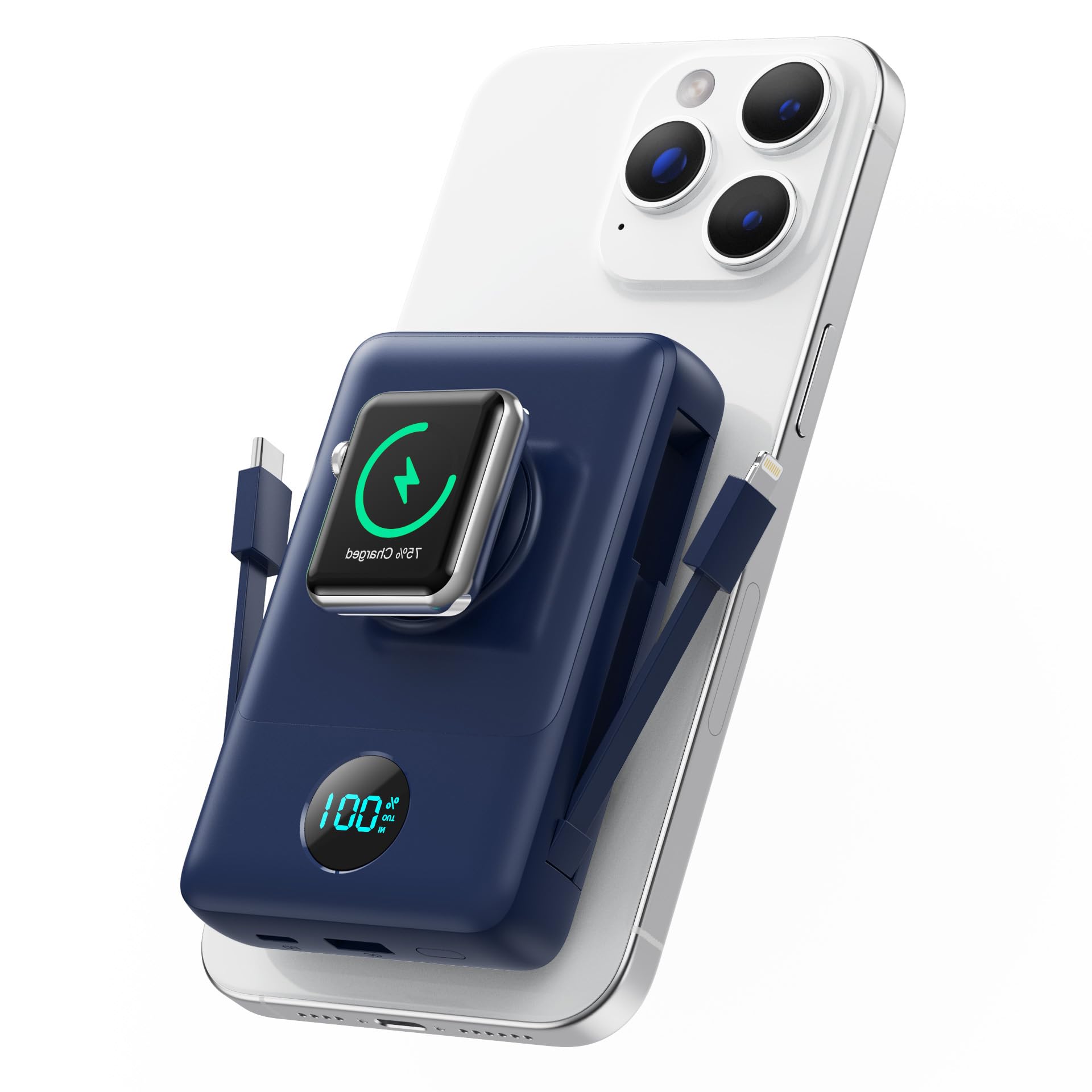 Magnetic Portable Charger for MagSafe with Built-in Cable, iWatch Charger,10800mAh Wireless Power Bank Travel Essentials,25W PD Fast Charging Battery Pack for iPhone 17/16/15/14/13 Series,Apple Watch