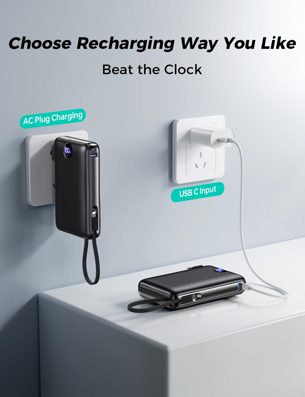 Portable Charger 50000mAh with Built-in Cables and AC Wall Plug, 22.5W Fast Charging Power Bank with LED Display for iPhone 17/16, Samsung, Android Devices, Camping, Road Trips and Travel, Black