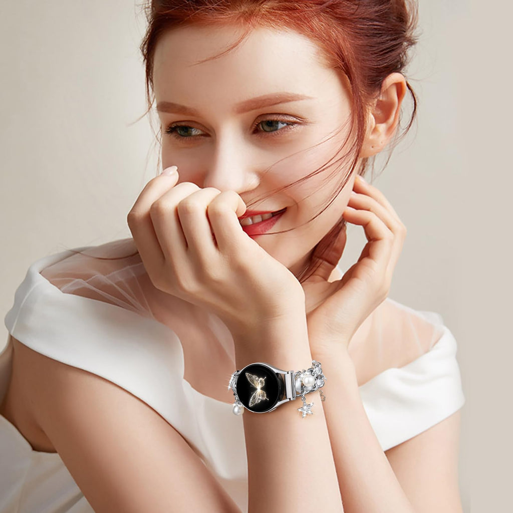 Stylish Metal Band Compatible with Samsung Galaxy Watch 7 Band/FE 6 5 4 40mm 44mm,Galaxy Active 2, 20mm Watch Strap Pretty Chain with Cute Decorative Charms Accessories for Samsung Watch Bands Women