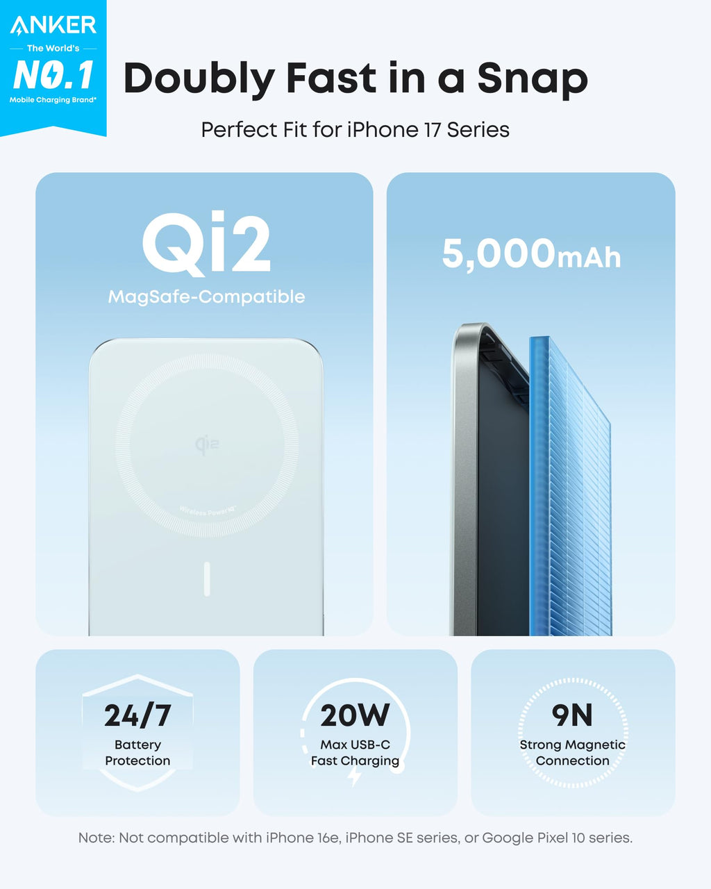 Magnetic Qi2 Power Bank 5000mAh, 15W MagSafe, for iPhone