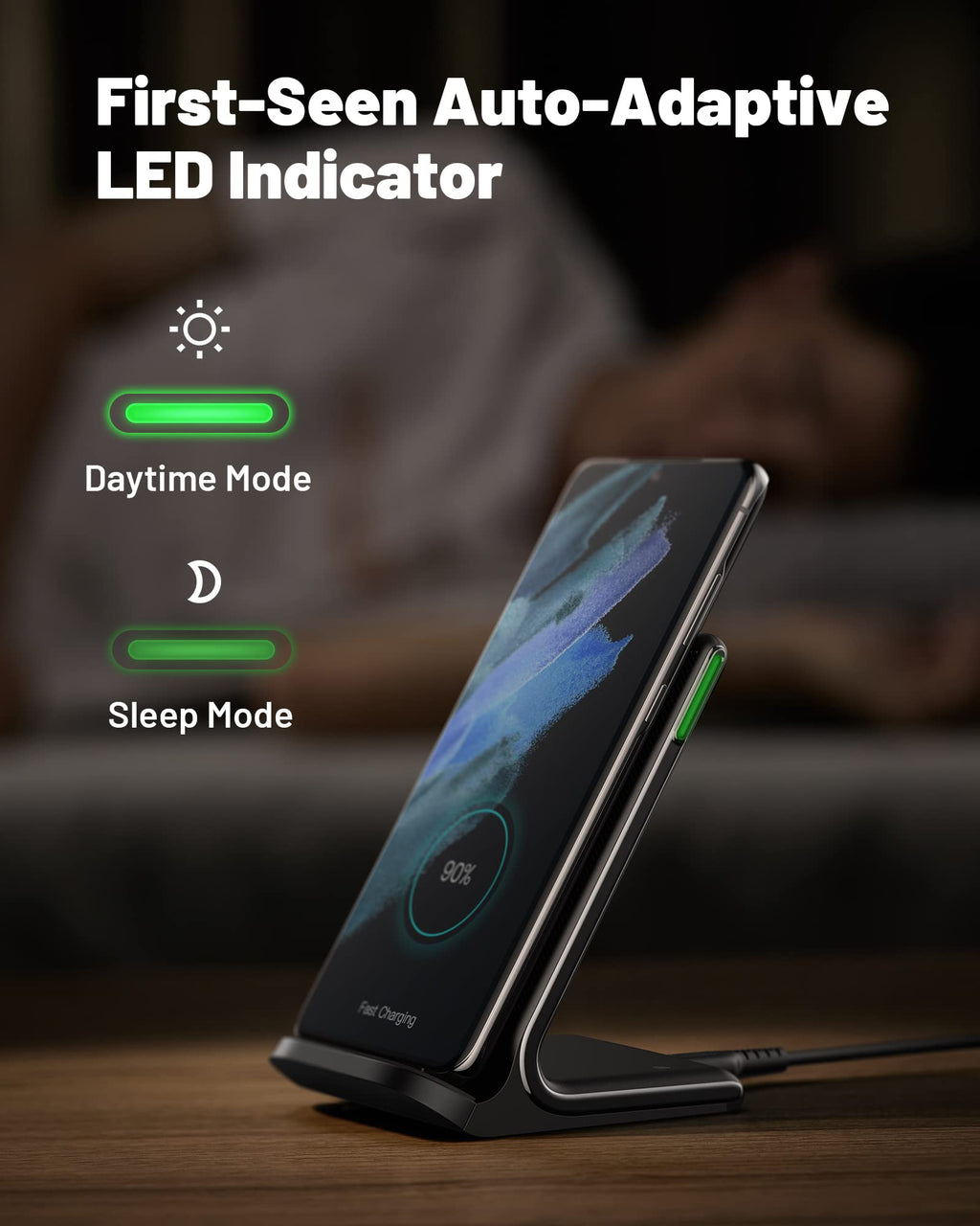 INIU Wireless Charger, 15W Fast Wireless Charging Station with Sleep-Friendly Adaptive Light Compatible with iPhone 17 16 15 14 13 12 Pro Max Samsung Galaxy S25 S24 S23 Note 20 Google etc