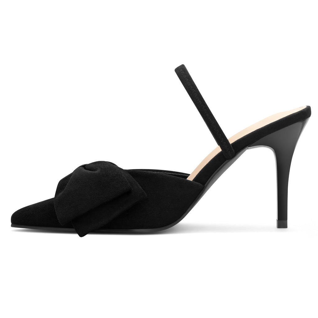 Women's Closed Pointed Toe Slingback Pumps with Big Bow Elastic Strap 3.5 Inch Stiletto Heels Dress Shoes