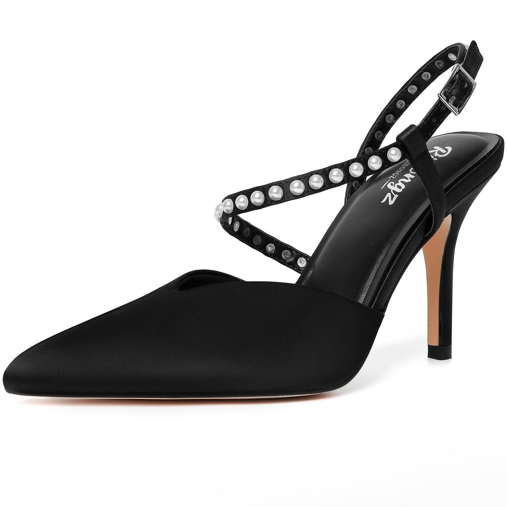 RINBONGZ Women's Pearl High Heels Pointed Closed Toe Wedding Shoes for Bride Stiletto Ankle Strap Satin Pumps Elegant Bridal Formal Party Evening Work Dress Shoes
