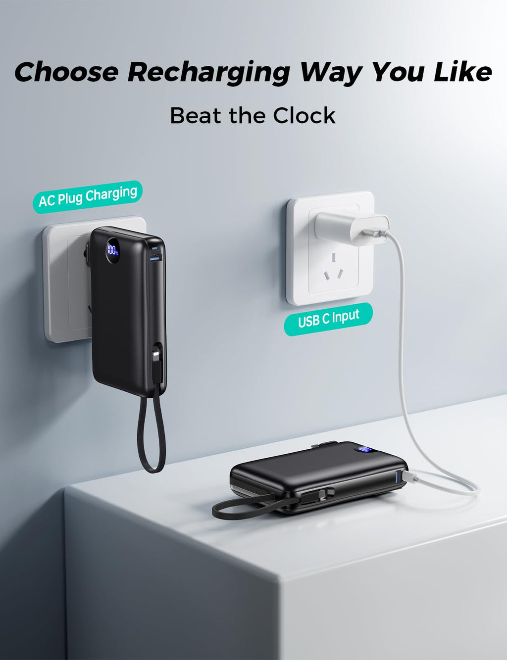 Portable Charger 50000mAh with Built-in Cables and AC Wall Plug, 22.5W Fast Charging Power Bank with LED Display for iPhone 17/16, Samsung, Android Devices, Camping, Road Trips and Travel, Black