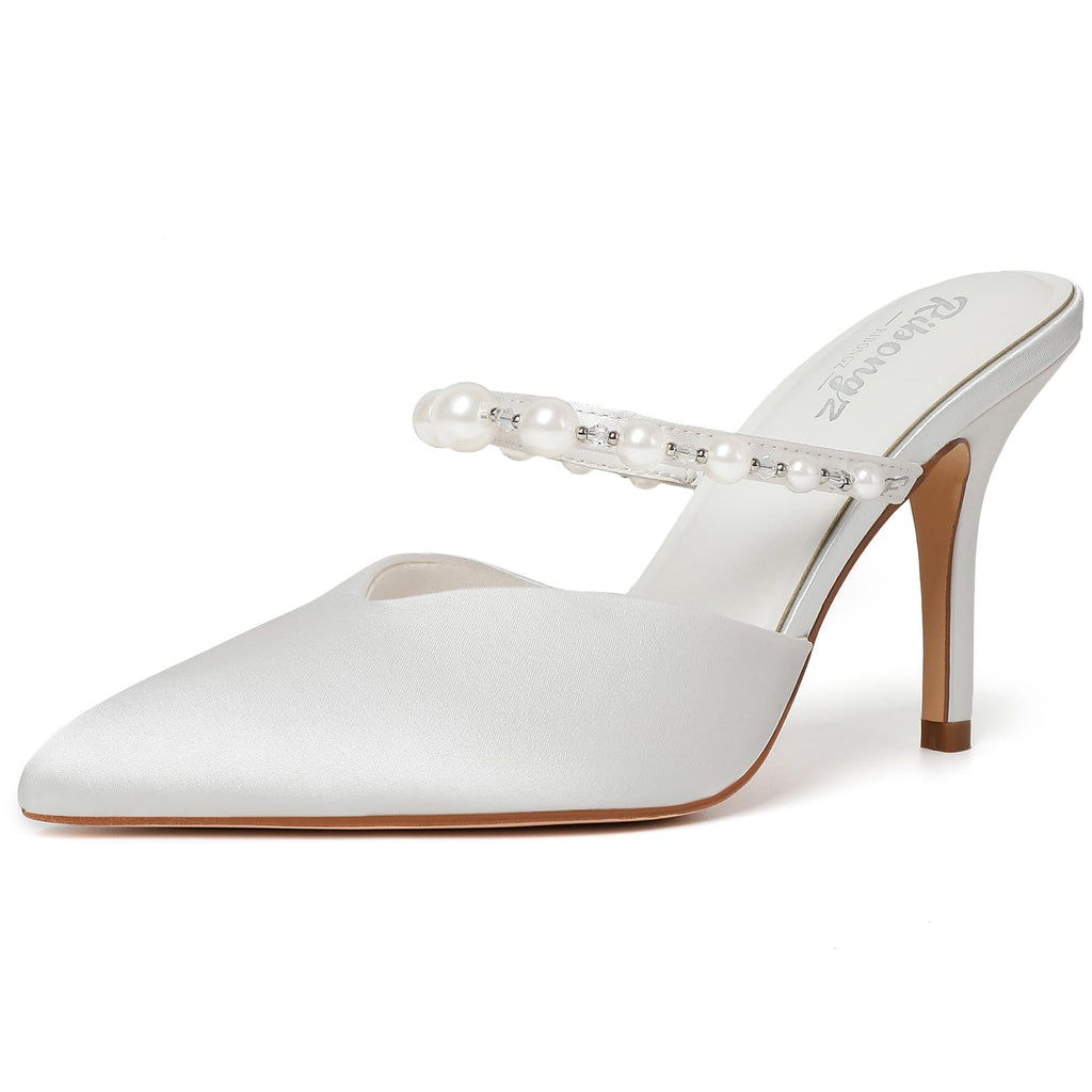 RINBONGZ Women's Pearl High Heels Pointed Closed Toe Wedding Shoes for Bride Stiletto Ankle Strap Satin Pumps Elegant Bridal Formal Party Evening Work Dress Shoes