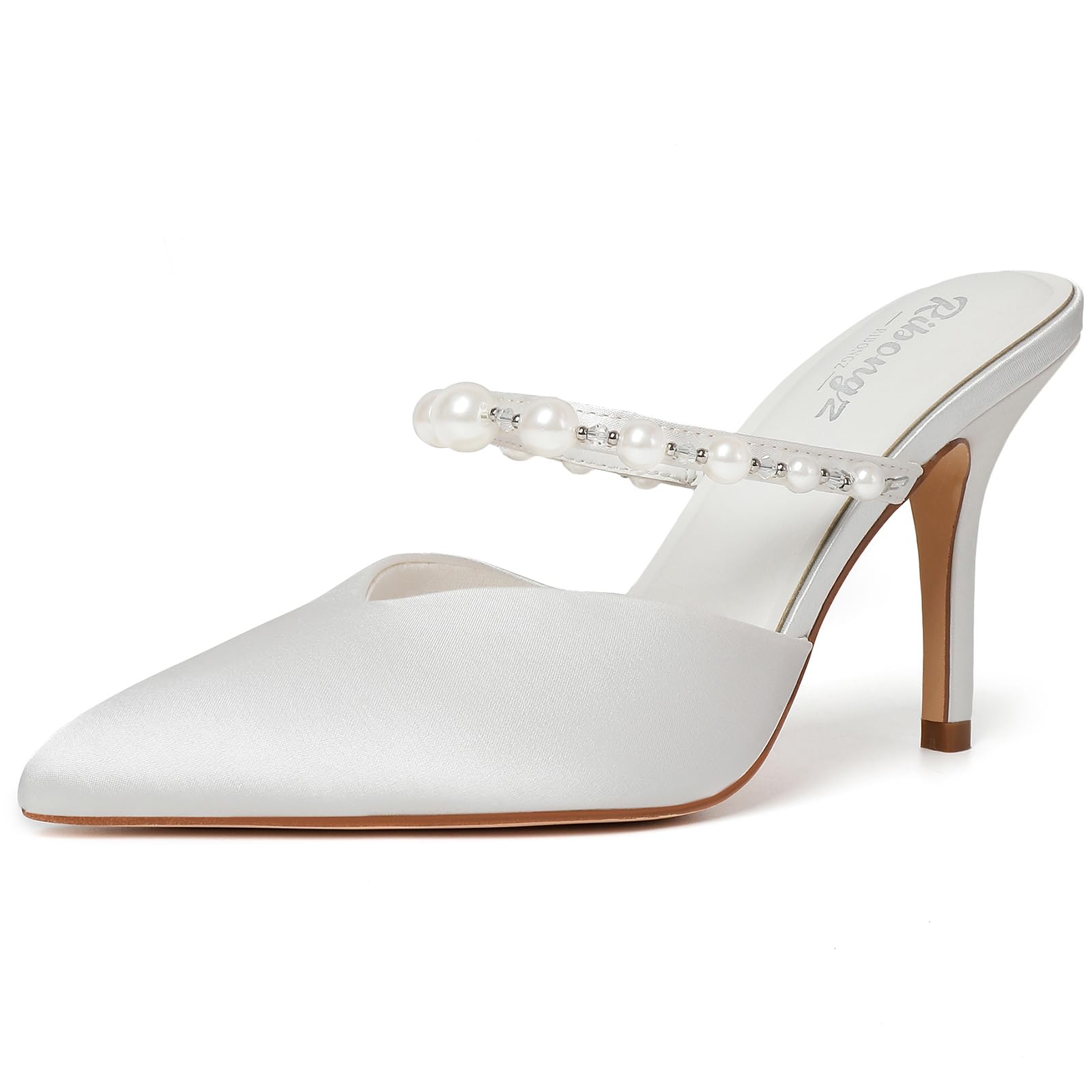 RINBONGZ Women's Pearl High Heels Pointed Closed Toe Wedding Shoes for Bride Stiletto Ankle Strap Satin Pumps Elegant Bridal Formal Party Evening Work Dress Shoes