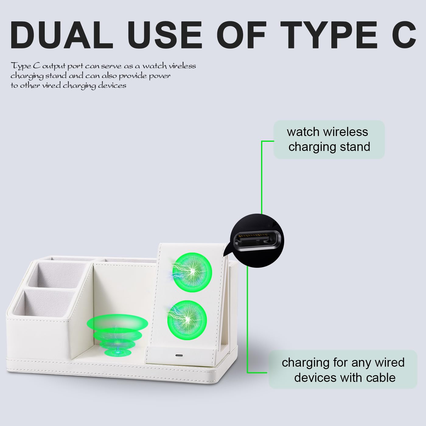 LADSTAG Black Leather Desk Organizer With Charging Station,Office Supplies Desk Accessories,Pen Holder for Desk,Remote Control Holder,Desk Organizer With Phone Charger,Nightstand Desktop Organizer