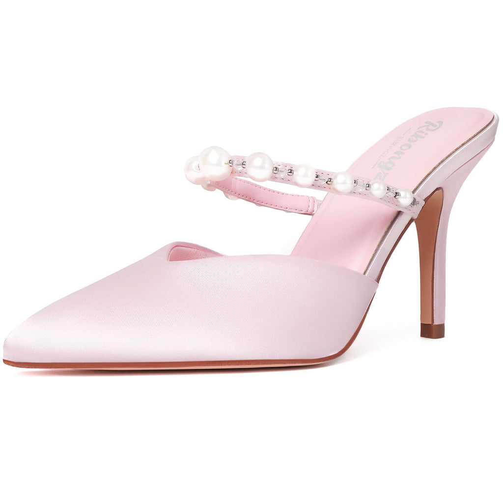 RINBONGZ Women's Pearl High Heels Pointed Closed Toe Wedding Shoes for Bride Stiletto Ankle Strap Satin Pumps Elegant Bridal Formal Party Evening Work Dress Shoes