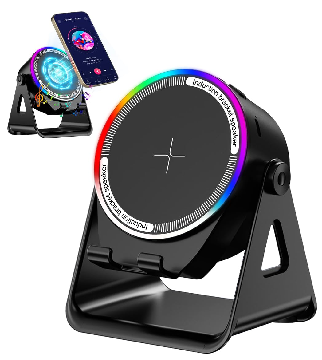 Bluetooth Speaker, 4-in-1 Wireless Induction Speaker & RGB Light Stand Multi-Functional Phone Stand Instant-Connect Stereo Sound, 360° Adjustable Holder for iPhone/Android/iPad/Samsung (Black)