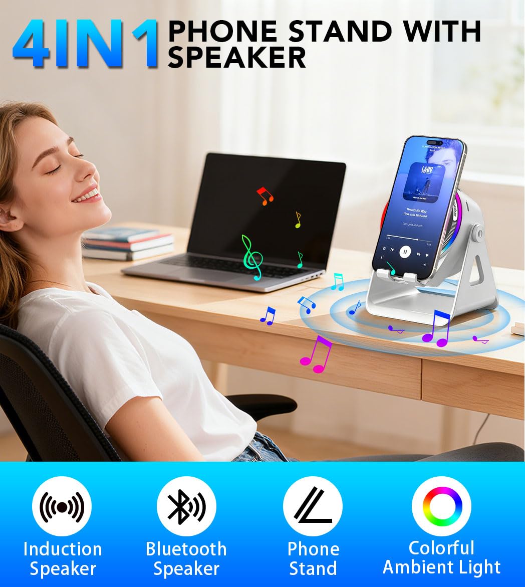 Bluetooth Speaker, 4-in-1 Wireless Induction Speaker & RGB Light Stand Multi-Functional Phone Stand Instant-Connect Stereo Sound, 360° Adjustable Holder for iPhone/Android/iPad/Samsung (Black)