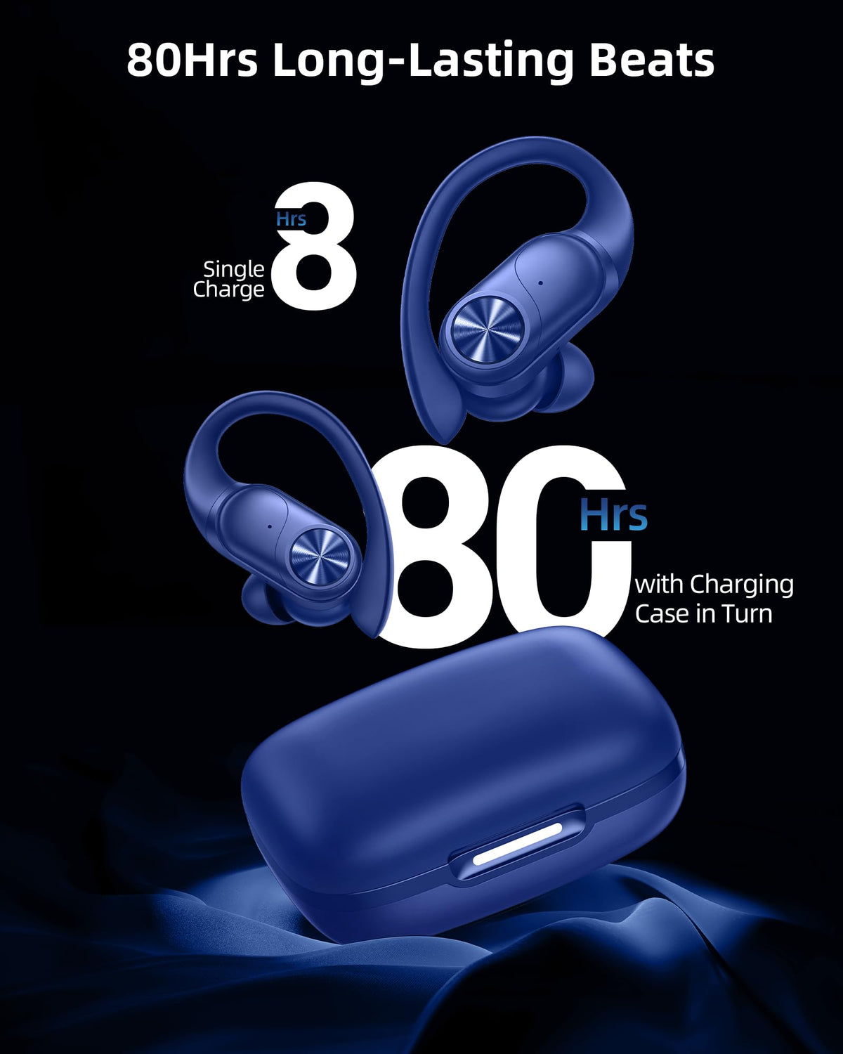 PocBuds Bluetooth Headphones Wireless Earbuds 80hrs Playtime Wireless Charging Case Digital Display Sports Ear Buds with Earhook Deep Bass IPX7 Waterproof Over-Ear Earphones for TV Phone Laptop Black