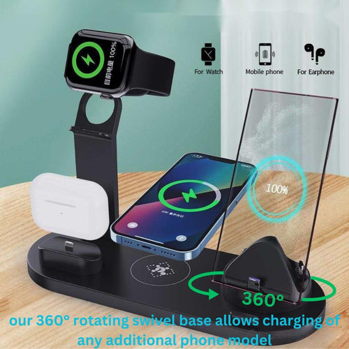 6 in 1 Wireless Fast Charger, (Black). Charging Station for iPhones, Smart Phones, Airpods and Smart Watches with Wireless Charging Capabilities and USB, Lightning, and Type-C Connectivity.