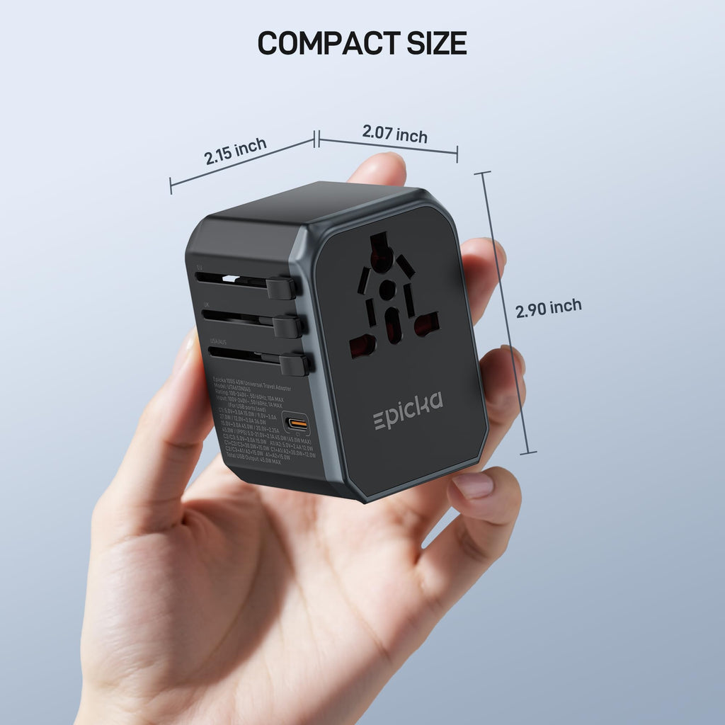 EPICKA Universal Travel Adapter GaN 45W, European Travel Plug Adapter with PD&QC Fast Charging(2 USB-A & 3 USB-C Ports) - Worldwide Travel Essentials, International Power Adapter for UK/US/AU (Black)