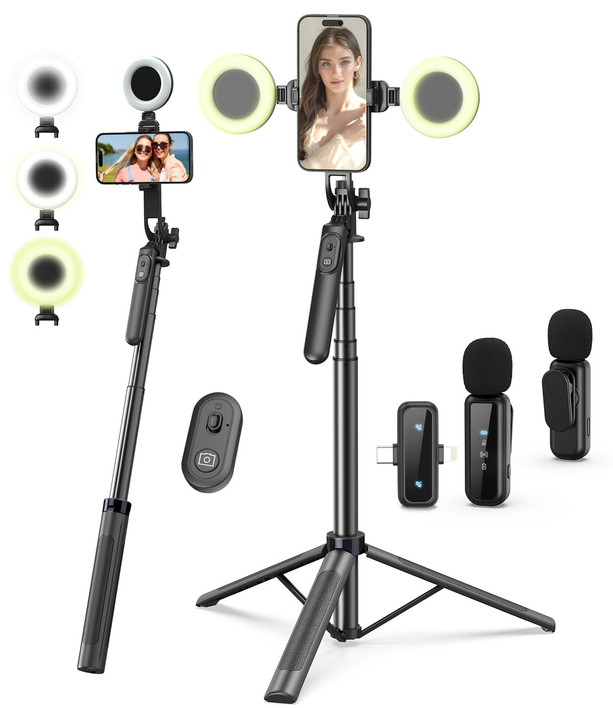 Yeaki Vlogging Kit for iPhone/Android, 71" Selfie Stick Tripod for iPhone with Light, Wireless Remote & Microphone, Adjustable Phone Tripod for TikTok/YouTube Starter Content Creator Essentials Kit
