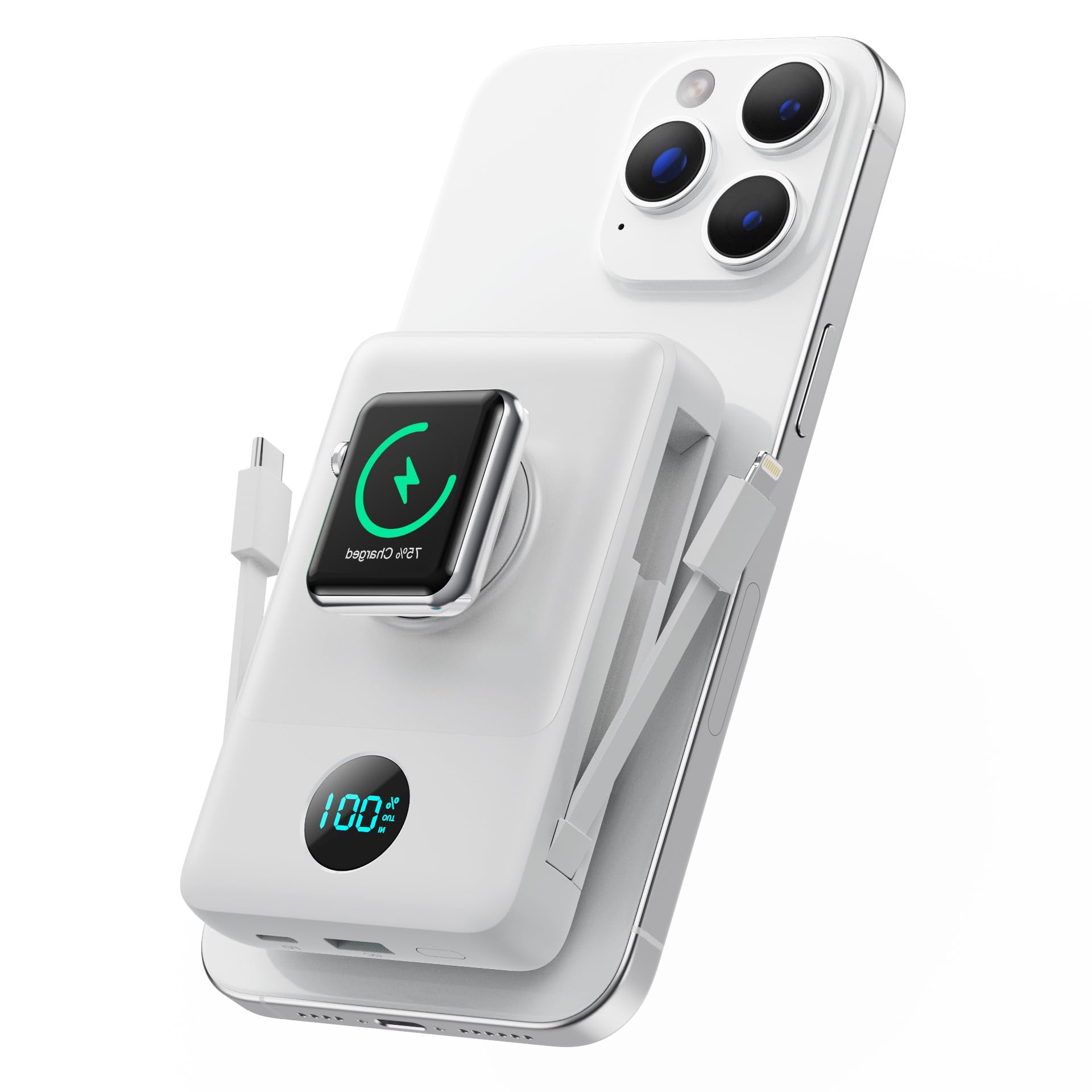 Magnetic Portable Charger for MagSafe with Built-in Cable, iWatch Charger,10800mAh Wireless Power Bank Travel Essentials,25W PD Fast Charging Battery Pack for iPhone 17/16/15/14/13 Series,Apple Watch