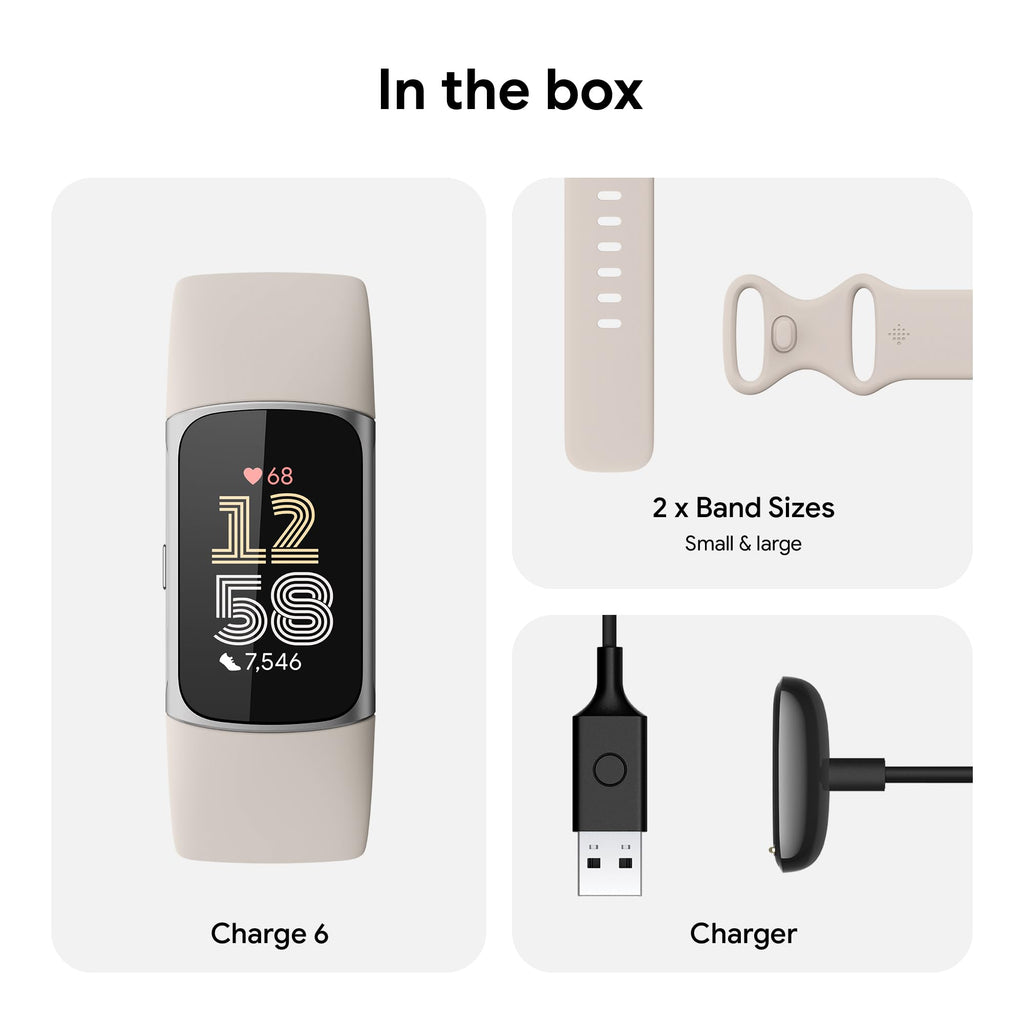 Fitbit Charge 6 Fitness Tracker with Google apps, Heart Rate on Exercise Equipment, 6-Months Premium Membership Included, GPS, Health Tools and More, Gold/Coral, One Size (S & L Bands Included)
