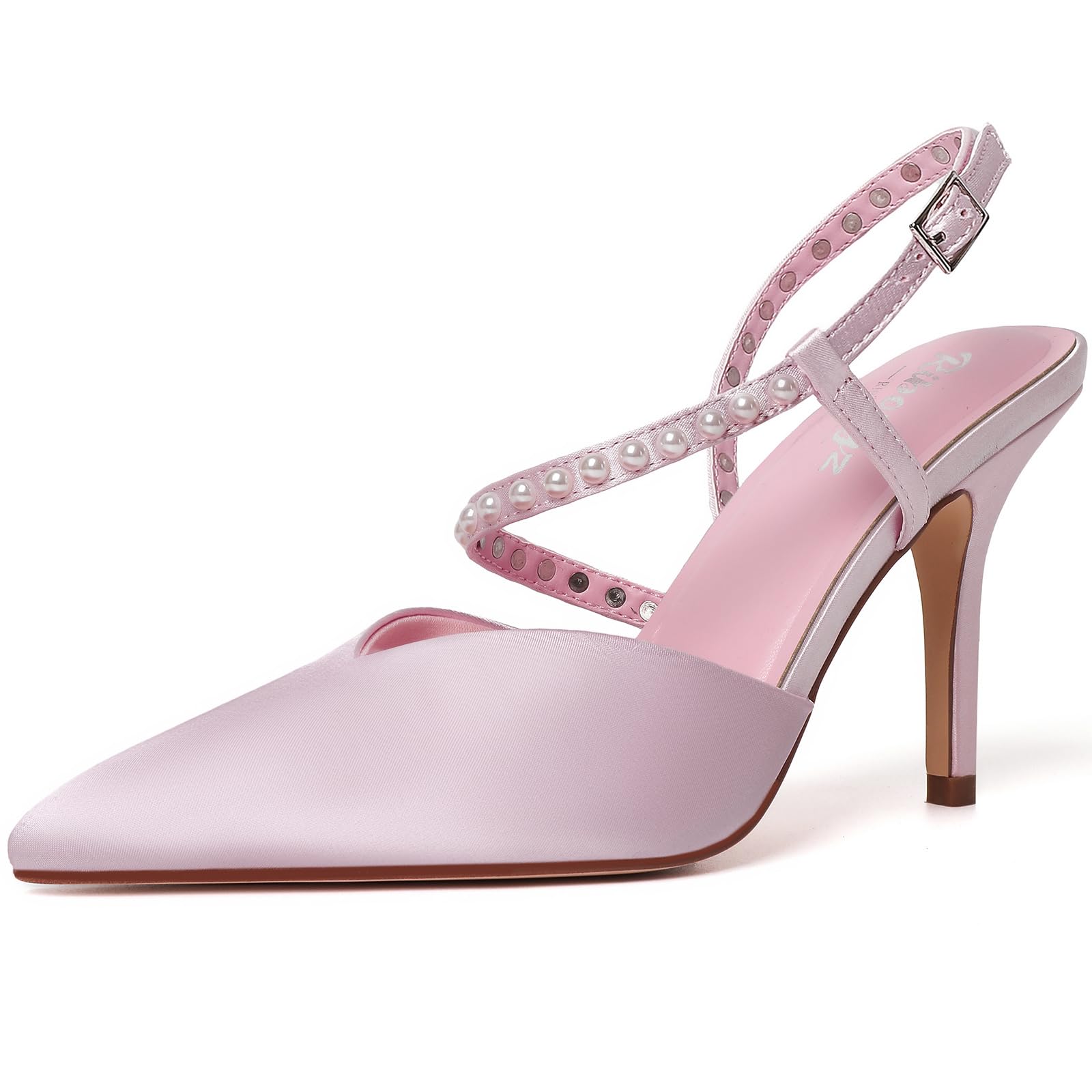 RINBONGZ Women's Pearl High Heels Pointed Closed Toe Wedding Shoes for Bride Stiletto Ankle Strap Satin Pumps Elegant Bridal Formal Party Evening Work Dress Shoes