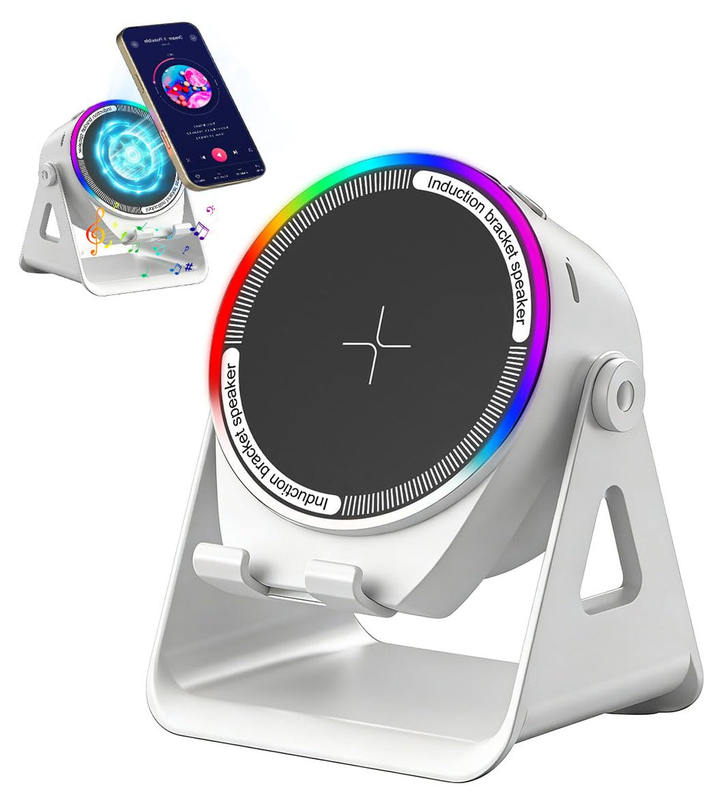 Bluetooth Speaker, 4-in-1 Wireless Induction Speaker & RGB Light Stand Multi-Functional Phone Stand Instant-Connect Stereo Sound, 360° Adjustable Holder for iPhone/Android/iPad/Samsung (Black)