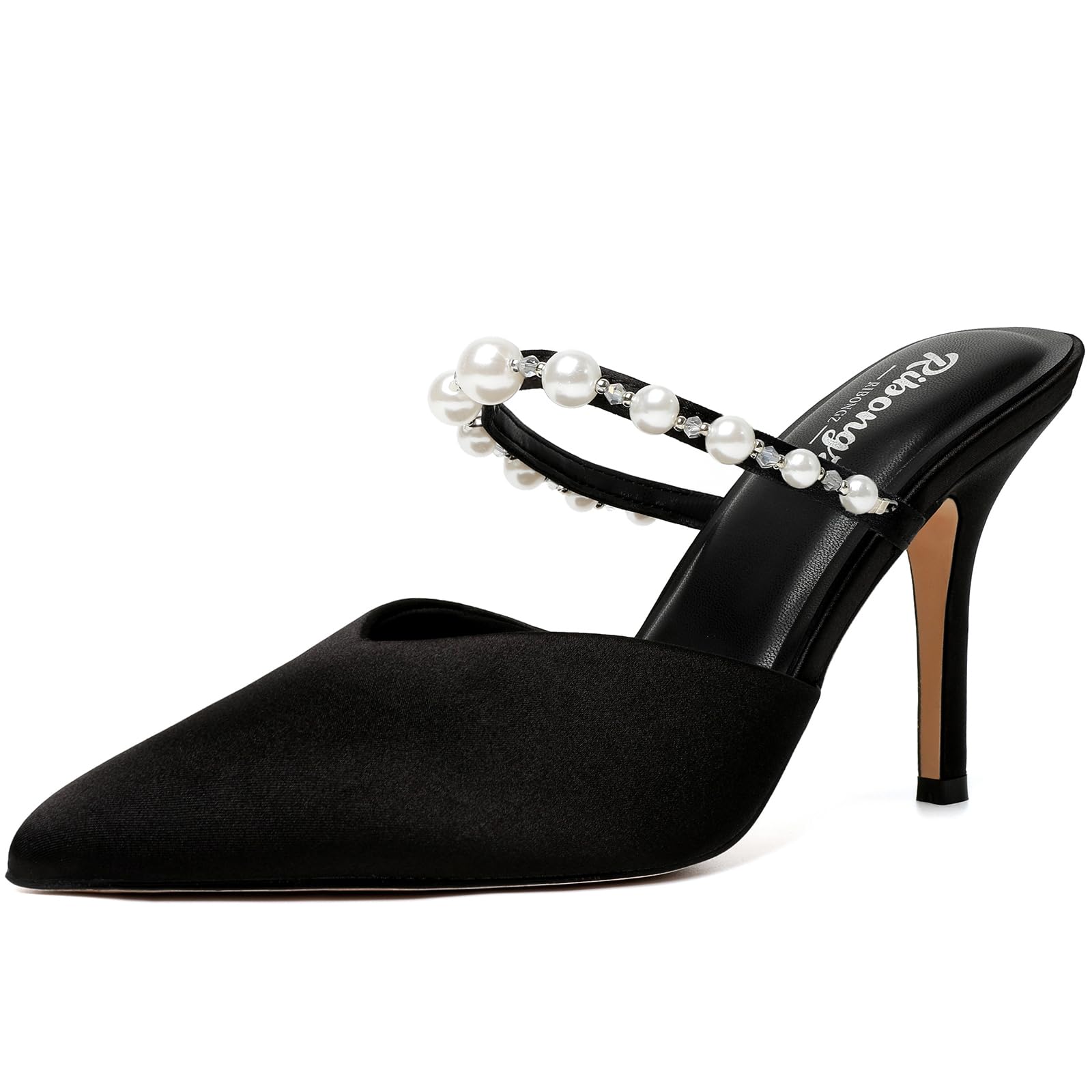 RINBONGZ Women's Pearl High Heels Pointed Closed Toe Wedding Shoes for Bride Stiletto Ankle Strap Satin Pumps Elegant Bridal Formal Party Evening Work Dress Shoes
