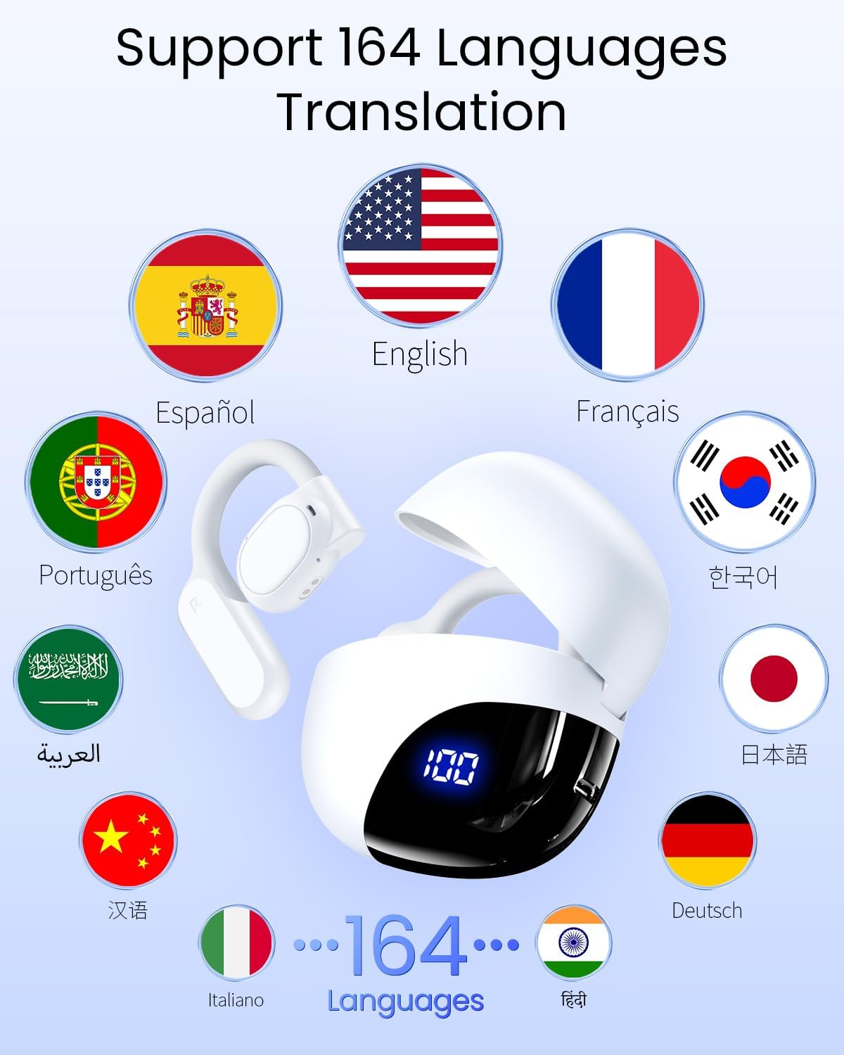 AI Translation Earbuds Real Time 164 Languages 80H Playtime Translator Ear Buds Audifonos Traductores Inglés Español Wireless Earphones Bluetooth Headphones for Travel Business Meeting Learning White
