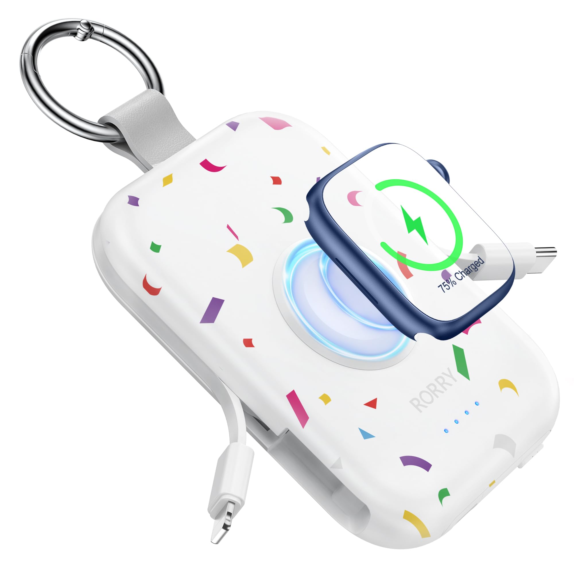 RORRY Portable Charger, 5000mAh Portable Charger Power Bank with Built-in Cables, Travel Keychain Battery Pack for Apple Watch Ultra/11/10/9/8/7/6/SE, iPhone Air/17/16/15/14/13/12, Confetti-Purple