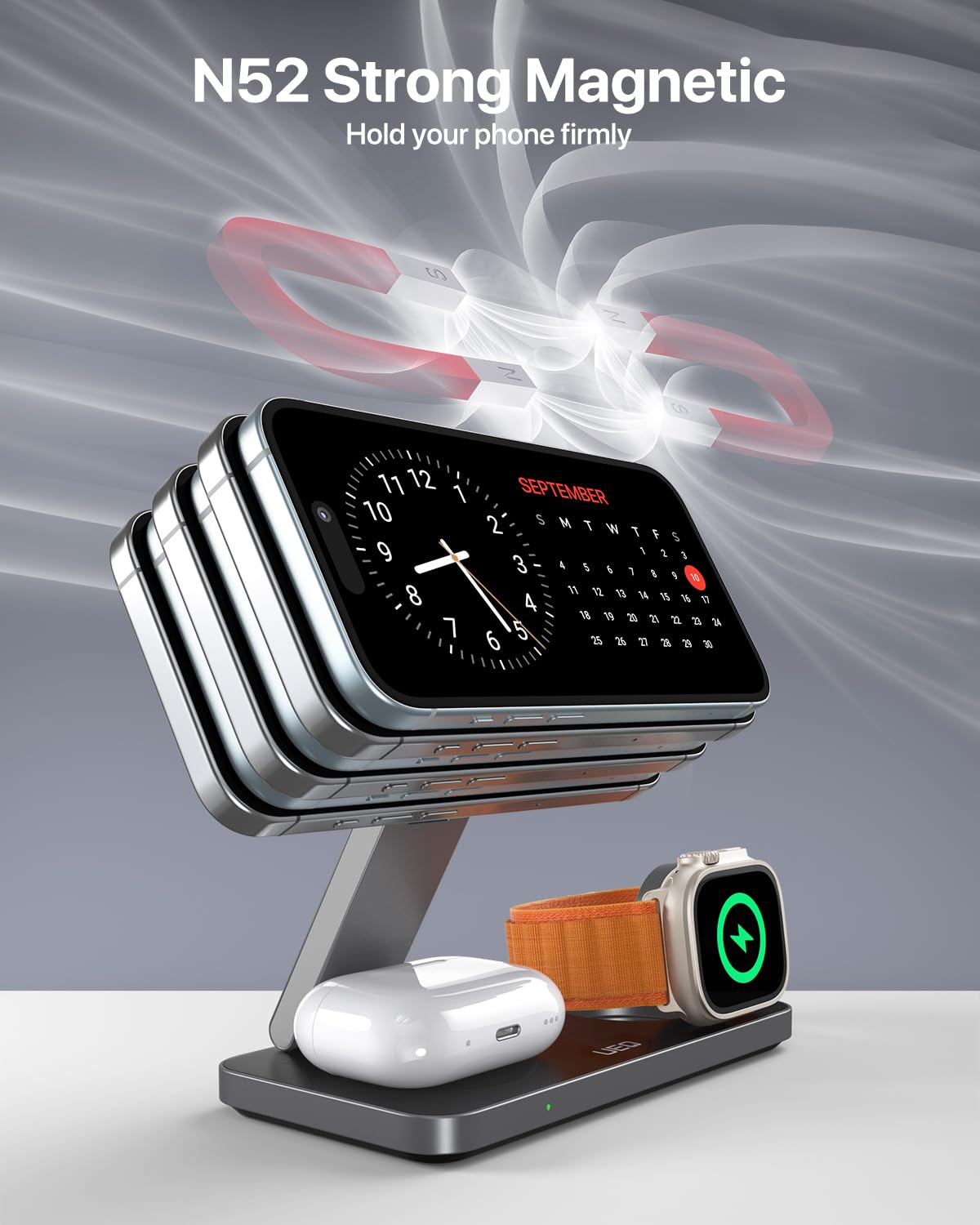 Foldable 3 in 1 Wireless Charging Station for Apple Magsafe Charger Stand,Fast Magnetic Wireless Charger Station for iPhone 17 Air 16 15 14 13 12 Series,Airpods Pro,Apple Watch Ultra (Pure Black)