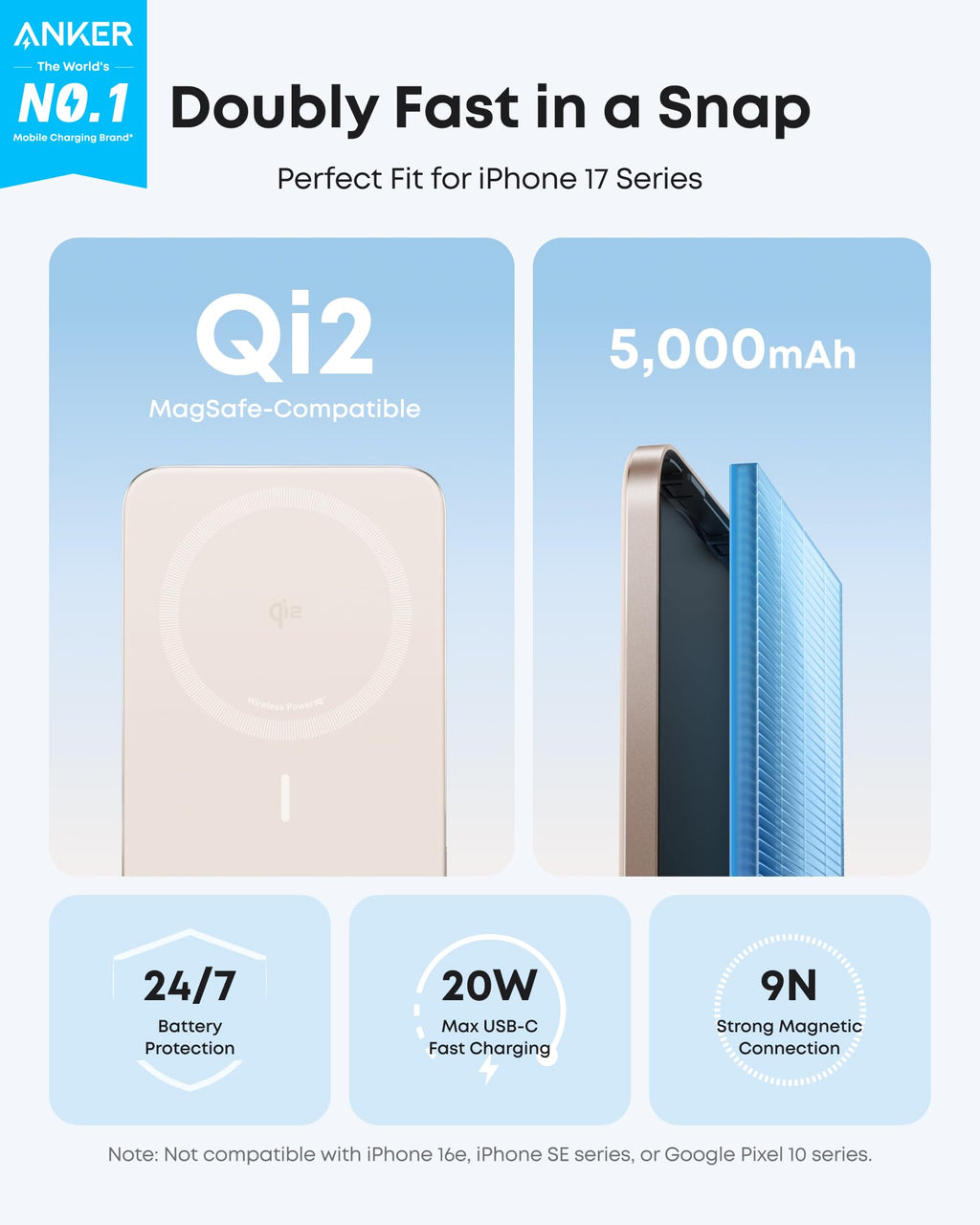 Magnetic Qi2 Power Bank 5000mAh, 15W MagSafe, for iPhone