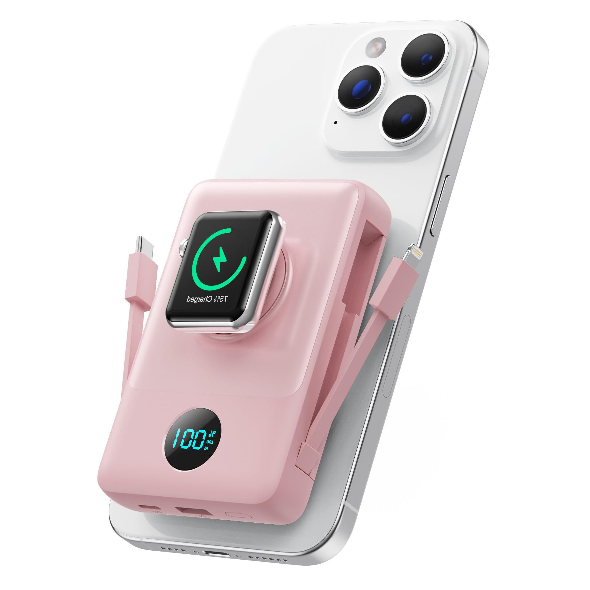 Magnetic Portable Charger for MagSafe with Built-in Cable, iWatch Charger,10800mAh Wireless Power Bank Travel Essentials,25W PD Fast Charging Battery Pack for iPhone 17/16/15/14/13 Series,Apple Watch