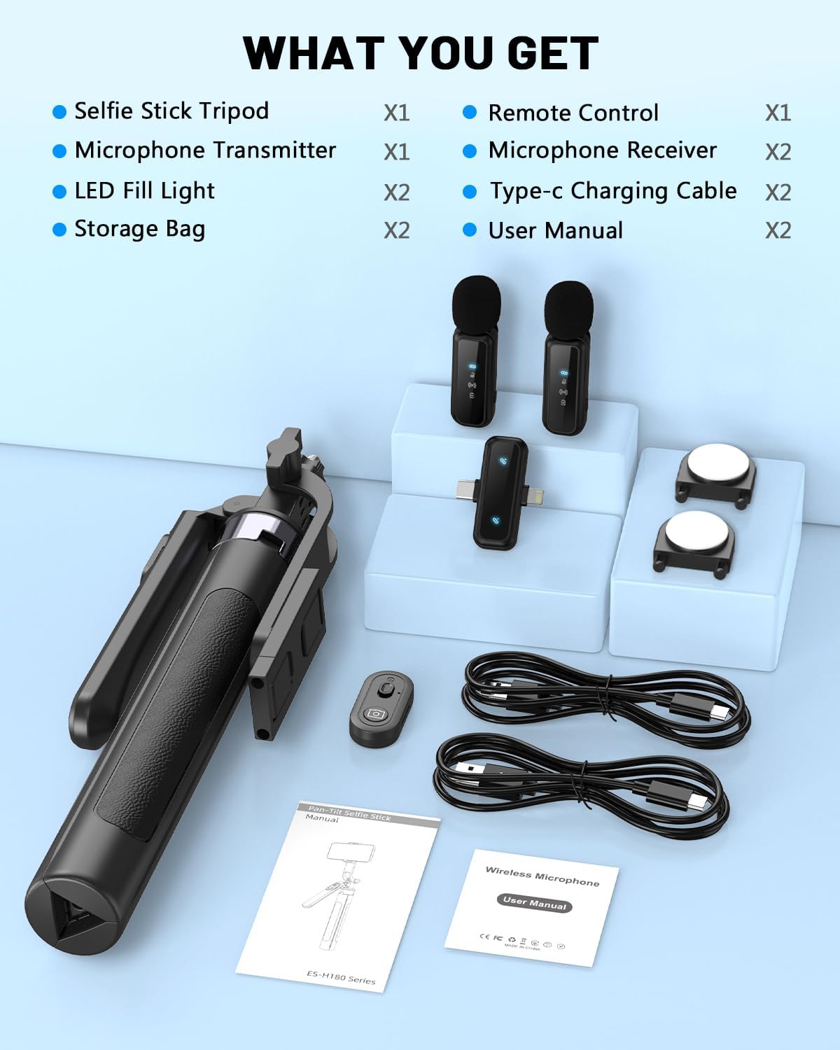 Yeaki Vlogging Kit for iPhone/Android, 71" Selfie Stick Tripod for iPhone with Light, Wireless Remote & Microphone, Adjustable Phone Tripod for TikTok/YouTube Starter Content Creator Essentials Kit