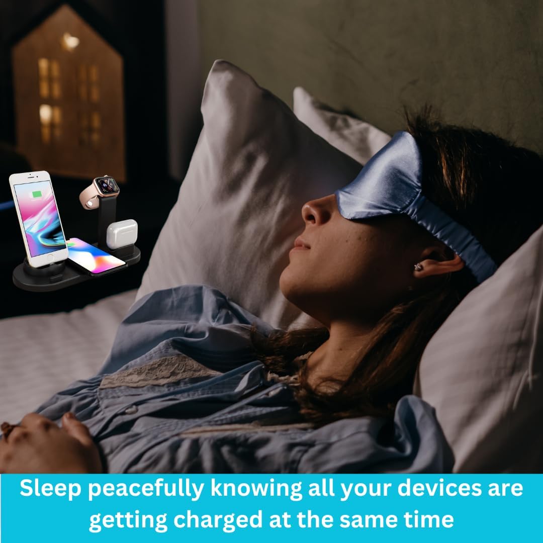6 in 1 Wireless Fast Charger, (Black). Charging Station for iPhones, Smart Phones, Airpods and Smart Watches with Wireless Charging Capabilities and USB, Lightning, and Type-C Connectivity.