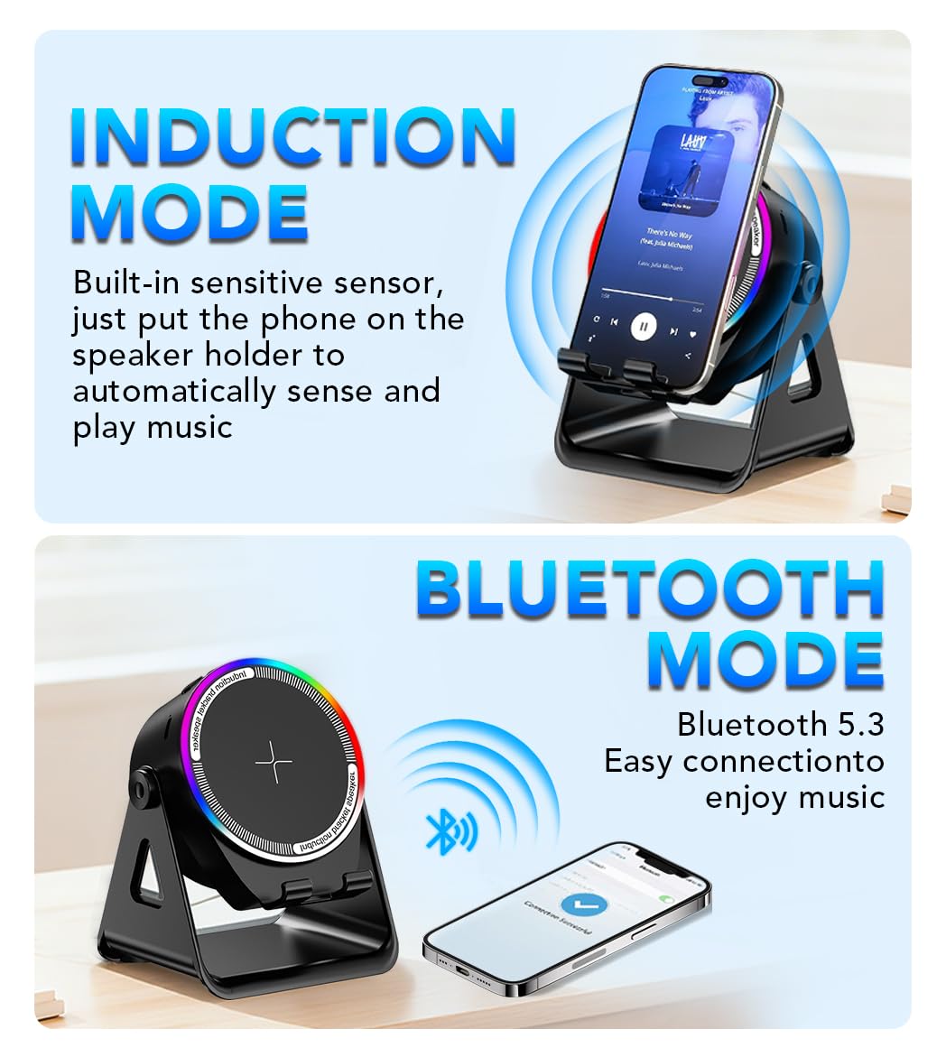 Bluetooth Speaker, 4-in-1 Wireless Induction Speaker & RGB Light Stand Multi-Functional Phone Stand Instant-Connect Stereo Sound, 360° Adjustable Holder for iPhone/Android/iPad/Samsung (Black)