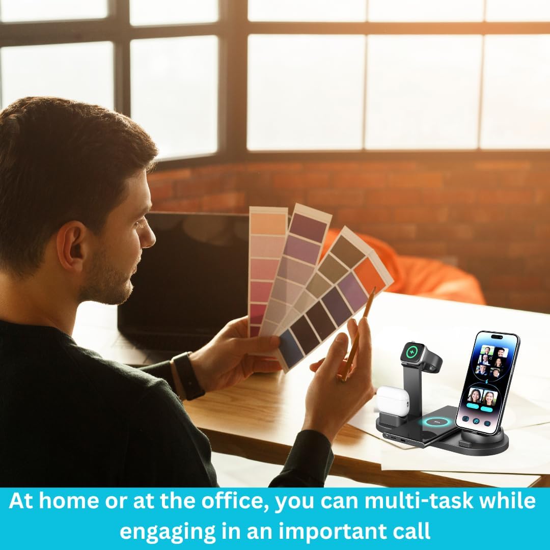 6 in 1 Wireless Fast Charger, (Black). Charging Station for iPhones, Smart Phones, Airpods and Smart Watches with Wireless Charging Capabilities and USB, Lightning, and Type-C Connectivity.