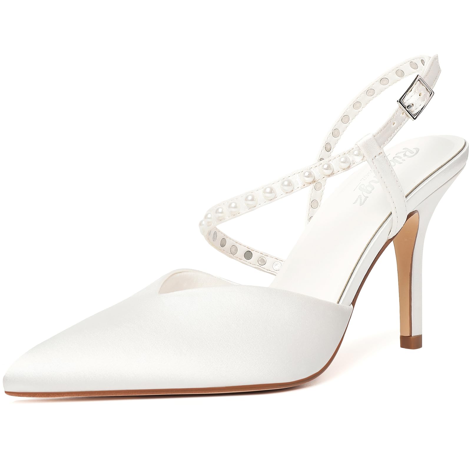 RINBONGZ Women's Pearl High Heels Pointed Closed Toe Wedding Shoes for Bride Stiletto Ankle Strap Satin Pumps Elegant Bridal Formal Party Evening Work Dress Shoes