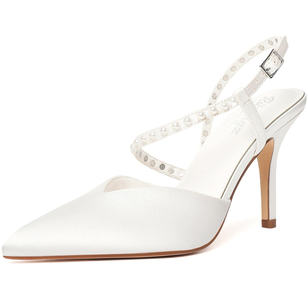 RINBONGZ Women's Pearl High Heels Pointed Closed Toe Wedding Shoes for Bride Stiletto Ankle Strap Satin Pumps Elegant Bridal Formal Party Evening Work Dress Shoes