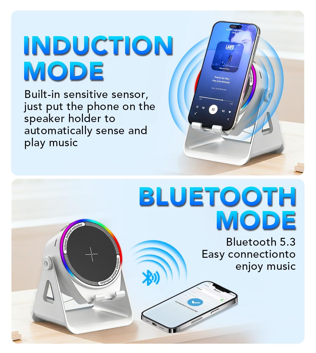 Bluetooth Speaker, 4-in-1 Wireless Induction Speaker & RGB Light Stand Multi-Functional Phone Stand Instant-Connect Stereo Sound, 360° Adjustable Holder for iPhone/Android/iPad/Samsung (Black)