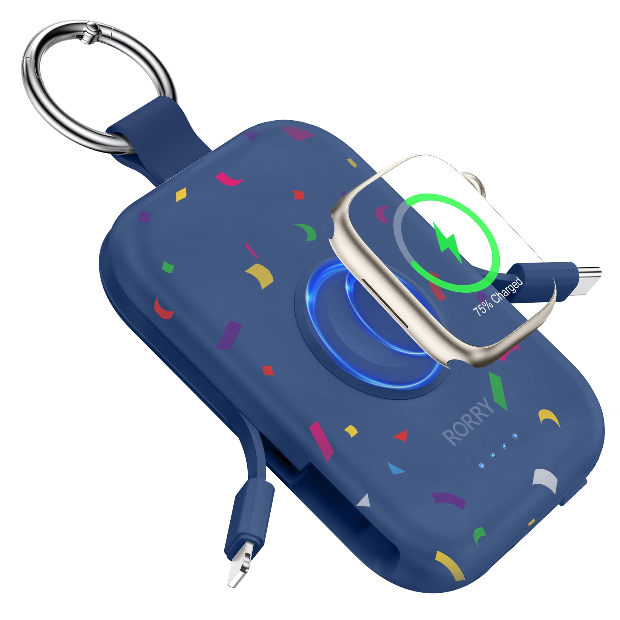 RORRY Portable Charger, 5000mAh Portable Charger Power Bank with Built-in Cables, Travel Keychain Battery Pack for Apple Watch Ultra/11/10/9/8/7/6/SE, iPhone Air/17/16/15/14/13/12, Confetti-Purple