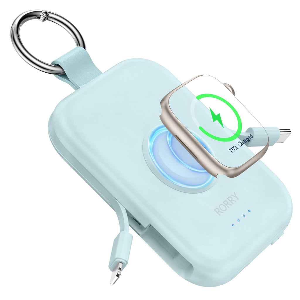 RORRY Portable Charger, 5000mAh Portable Charger Power Bank with Built-in Cables, Travel Keychain Battery Pack for Apple Watch Ultra/11/10/9/8/7/6/SE, iPhone Air/17/16/15/14/13/12, Confetti-Purple