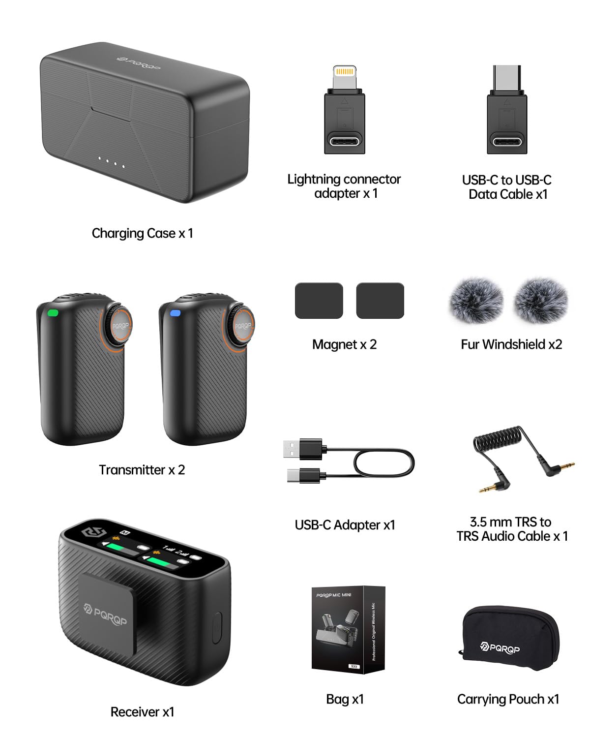 PQRQP Wireless Lavalier Microphone for iPhone/iPad/Android, 164ft Transmission, Mini Microphone with AI Noise Cancellation & Hi-Fi Sound, 24H Charging Case, Mic Ideal for Video Recording, Preamps