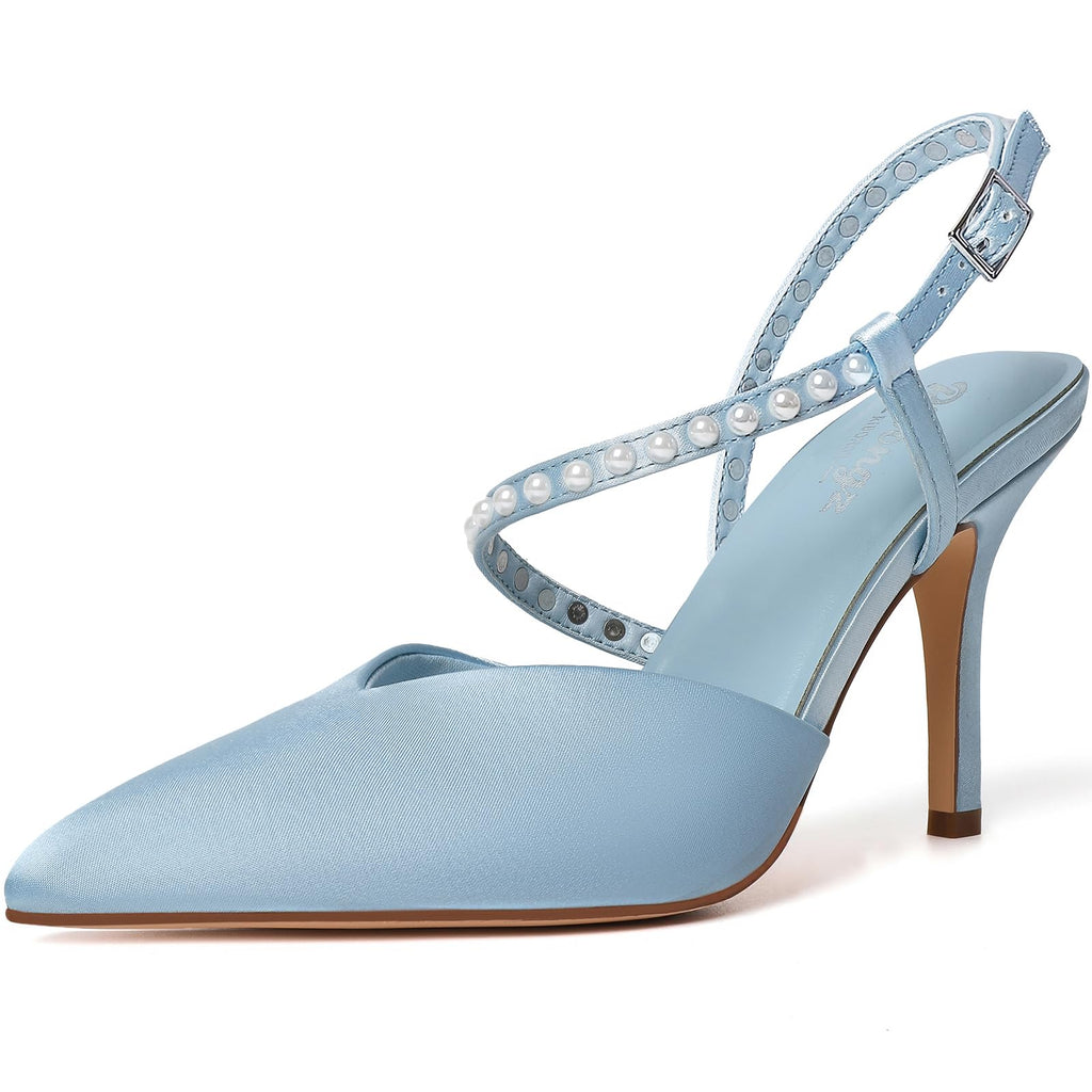 RINBONGZ Women's Pearl High Heels Pointed Closed Toe Wedding Shoes for Bride Stiletto Ankle Strap Satin Pumps Elegant Bridal Formal Party Evening Work Dress Shoes